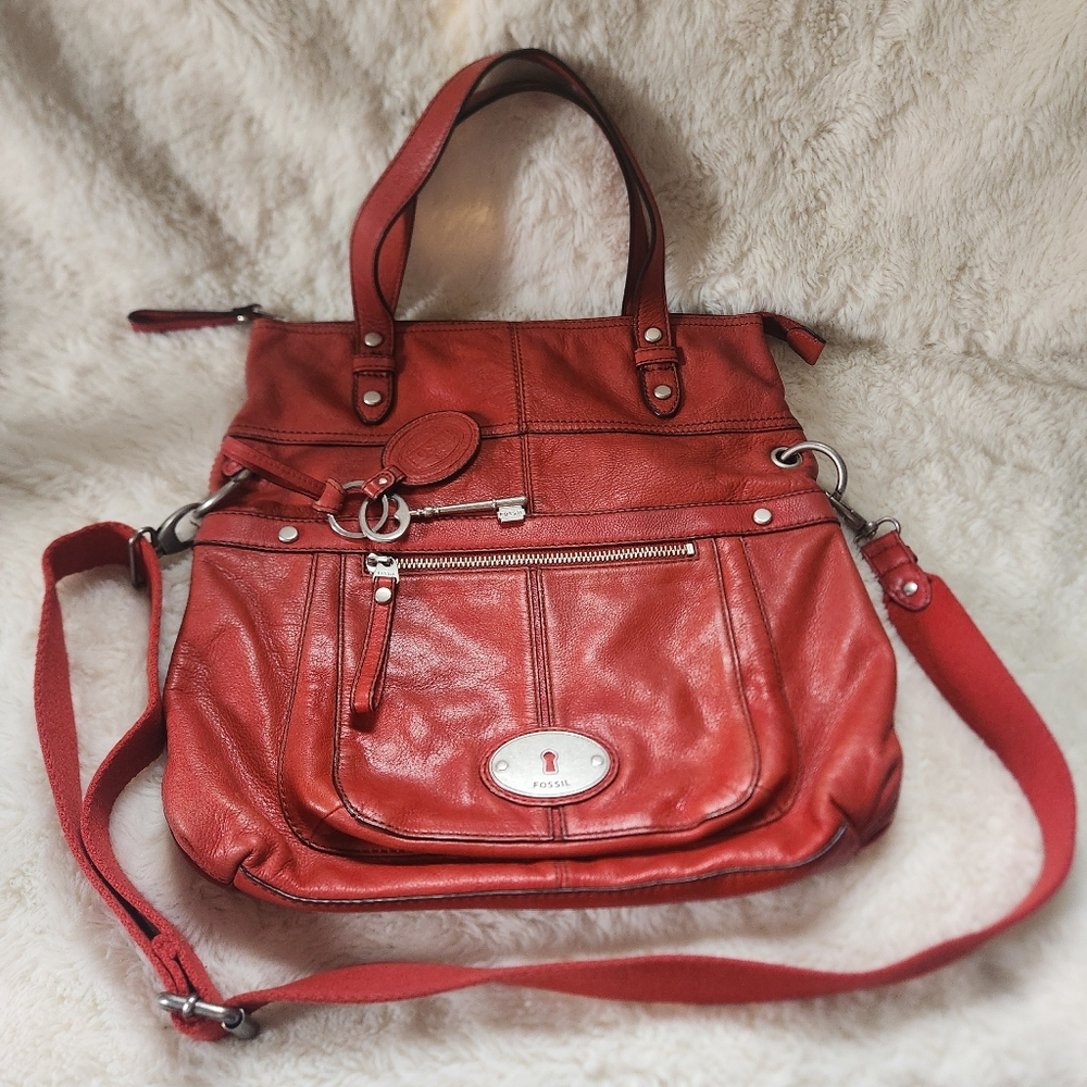 Fossil Maddox XL Vintage Convertible Foldover Tote Brick Red Leather